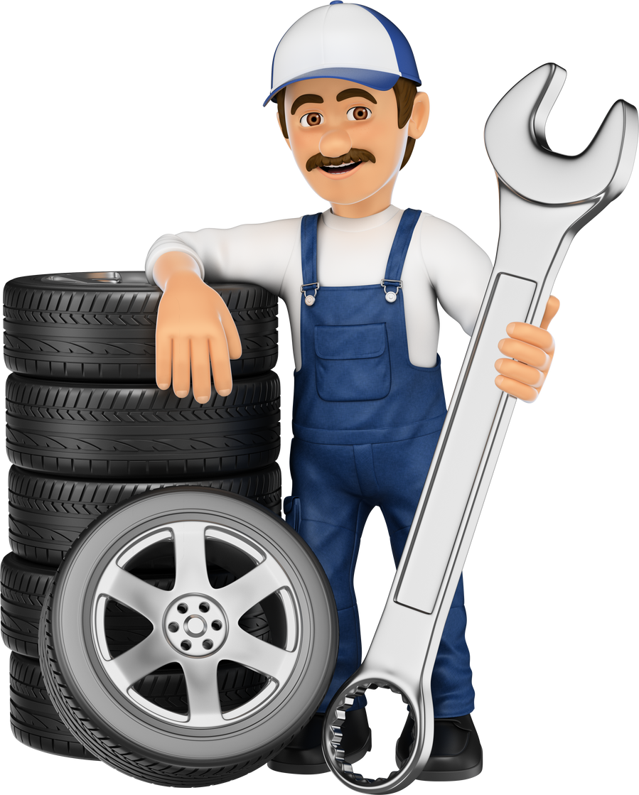 3d Mechanic With a Stack of Tyres and a Huge Wrench